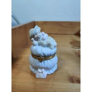 Porcelain Heavenly ANGEL TEDDY BEAR W Phone On A Cloud Gold HINGED TRINKET BOX